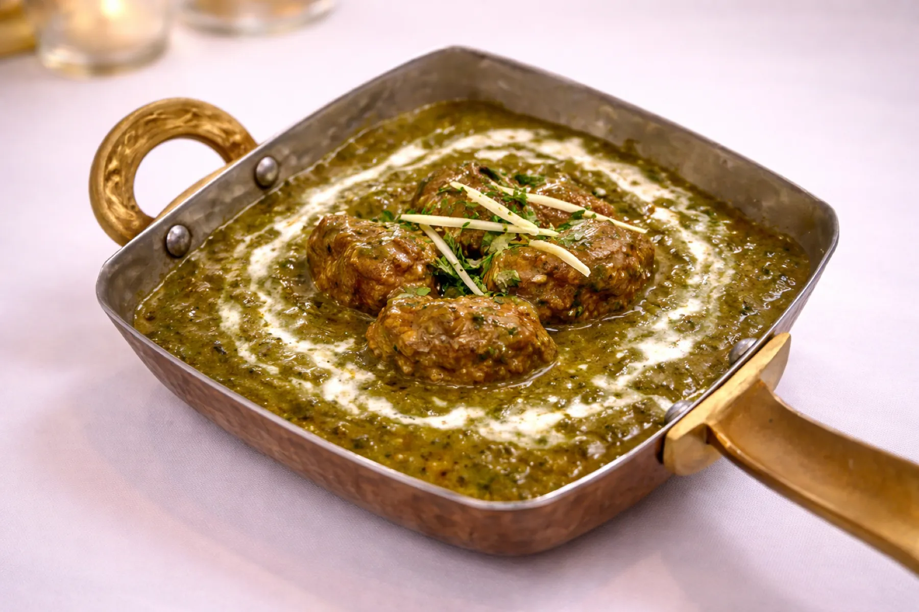 Spinach based curry served in a copper pan